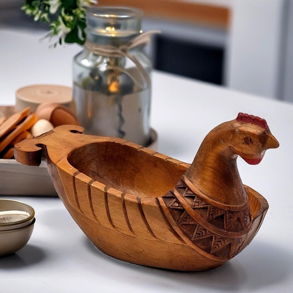 Norwegian Wooden Ale Bowl Carved Hen Folk Art Decor
